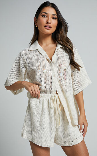 Holly Two Piece Set - Crochet Short Sleeve Shirt & Shorts Set in Cream | Showpo (US, UK & Europe)