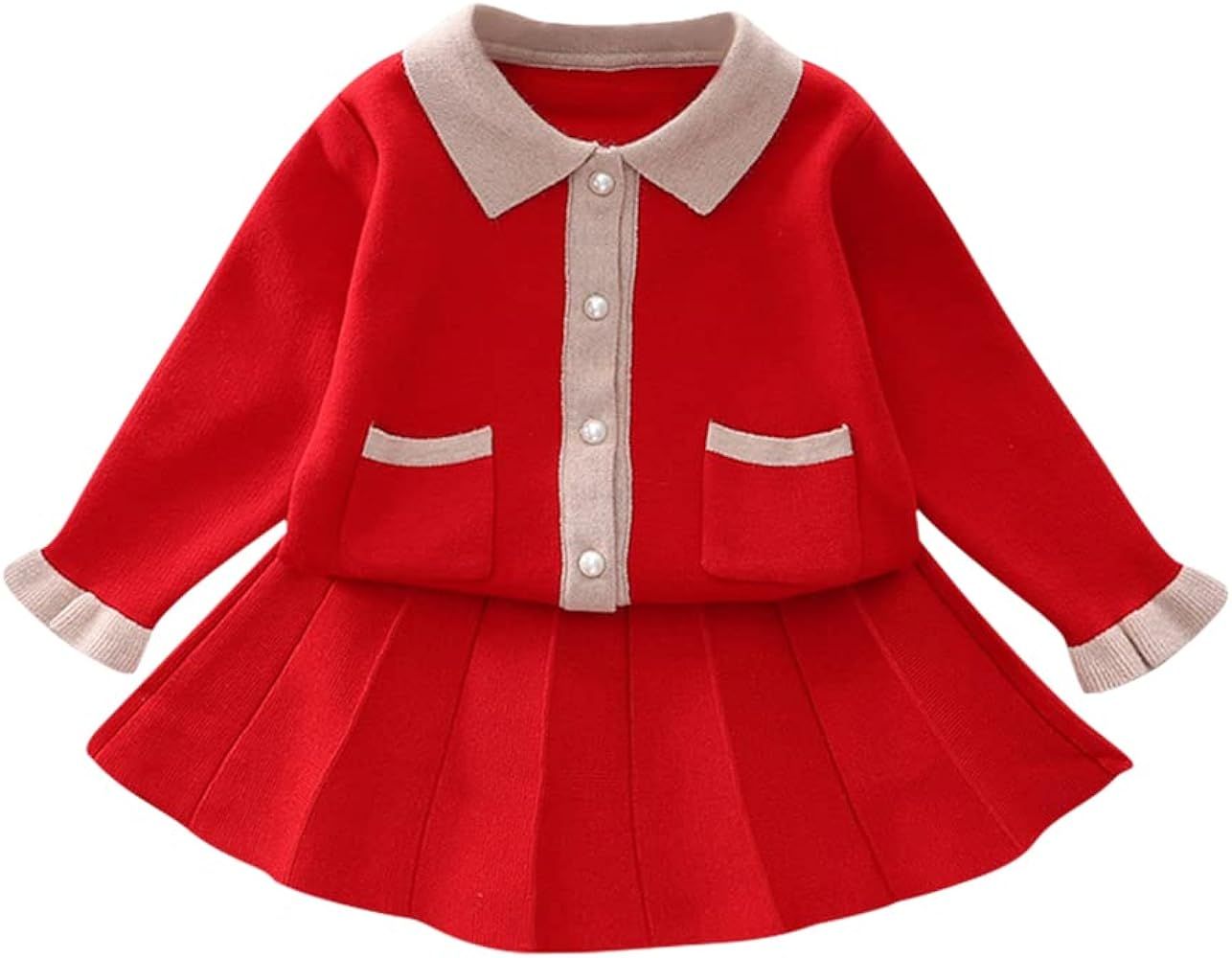 Amazon.com: Toddler Baby Girls Autumn Winter Fall Clothes Knit Long Sleeve Ruffle Sweater Top+Ple... | Amazon (US)