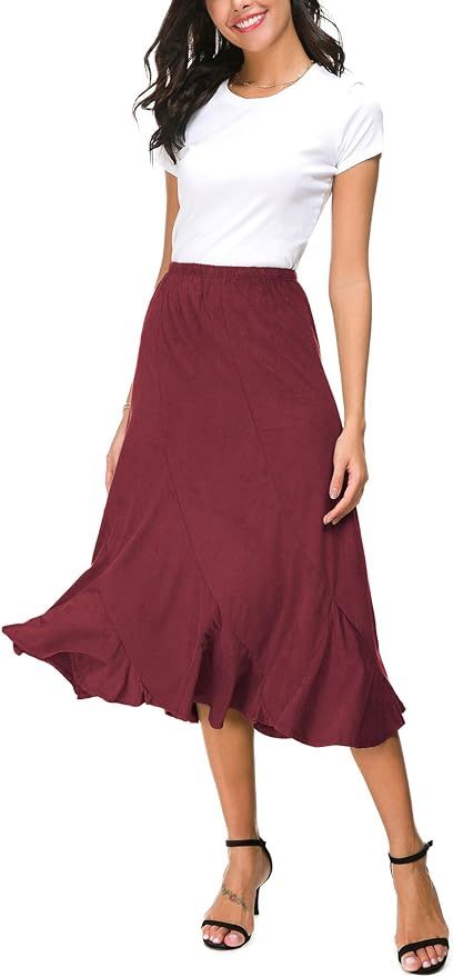 EXCHIC Women's Elegant Ankle Length Ruffle Hem Elastic Waist Midi Maxi Skirt | Amazon (US)