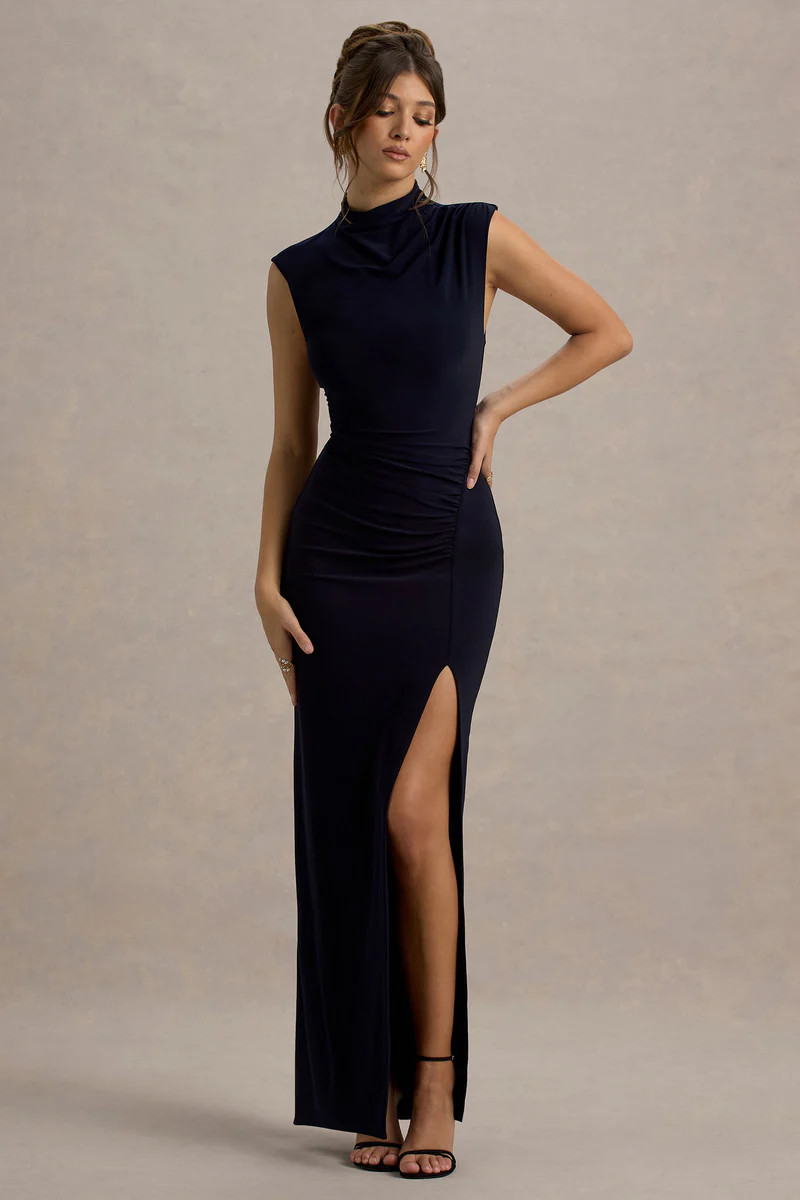 Lanetta  Navy Ruched High-Neck Maxi Dress With Split | Club L London