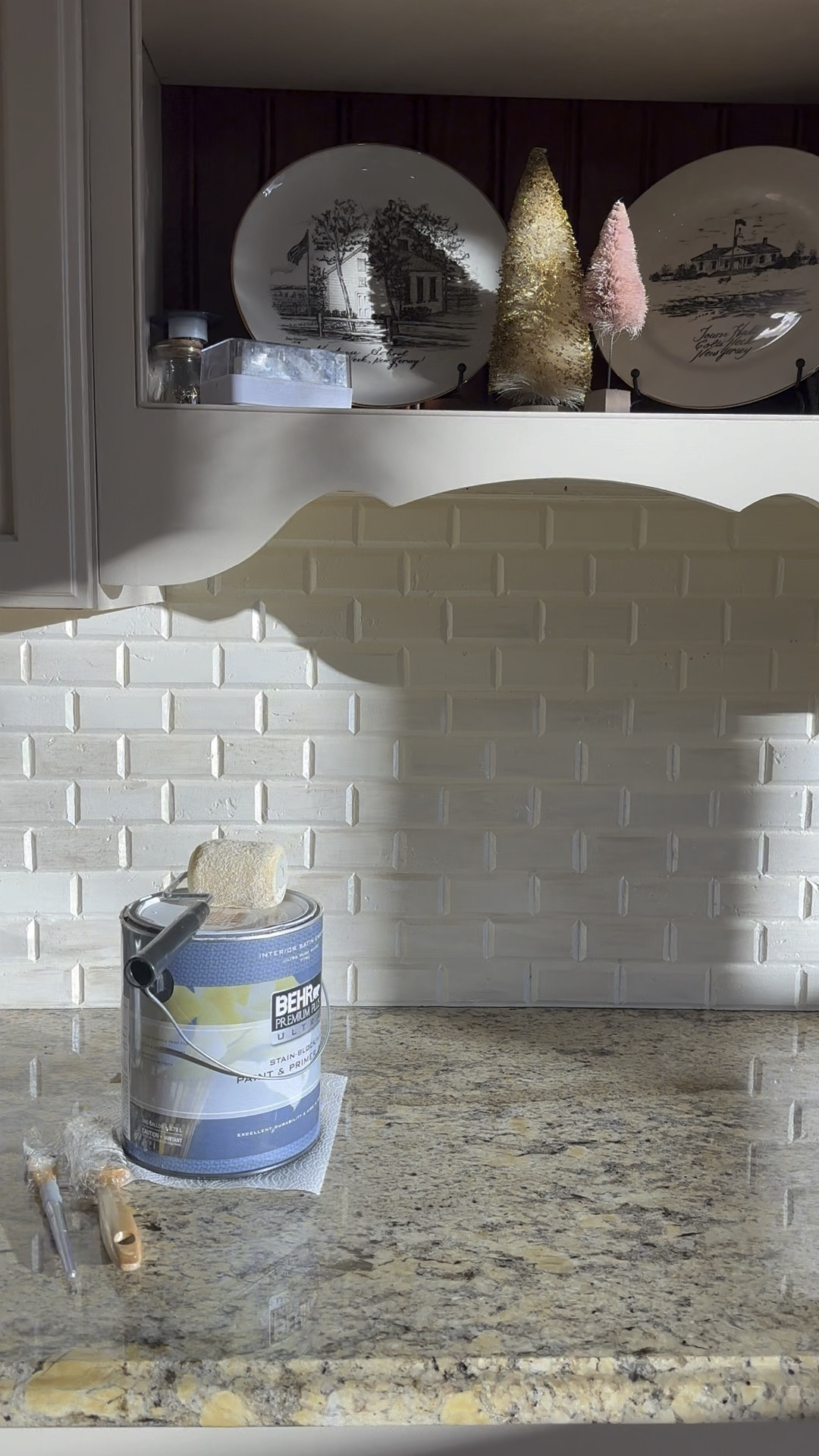 Painted the backsplash an iridescent ivory. Used Benjamin Moore almond milk, then put a coat of liquitex basics acrylic paint in iridescent white on top. Finished off with a stone sealer! 

#LTKhome