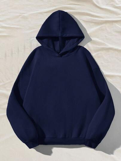 SHEIN EZwear Casual Minimalist Navy Blue Hooded Long Sleeve Loose Fit Thick Sweatshirt For Women,... | SHEIN