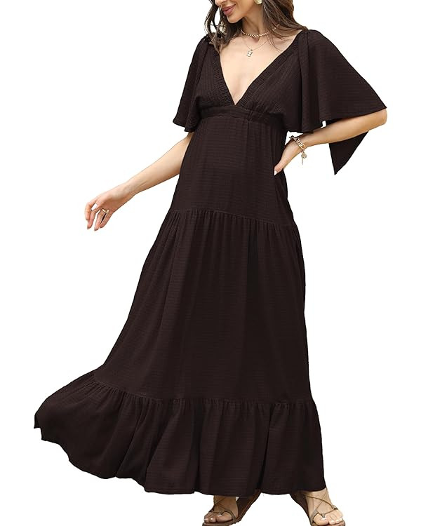 Kikibell Women Summer Dresses Sexy V-Neck Maxi Dress Tiered Silhouette with Flutter Sleeve Backle... | Amazon (US)