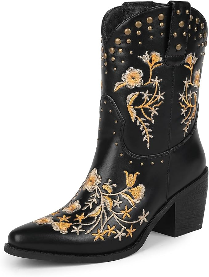 wetkiss Short Cowboy Boots Series for Women, with Embroidery Design, Chunky Heel and Side Zipper,... | Amazon (US)
