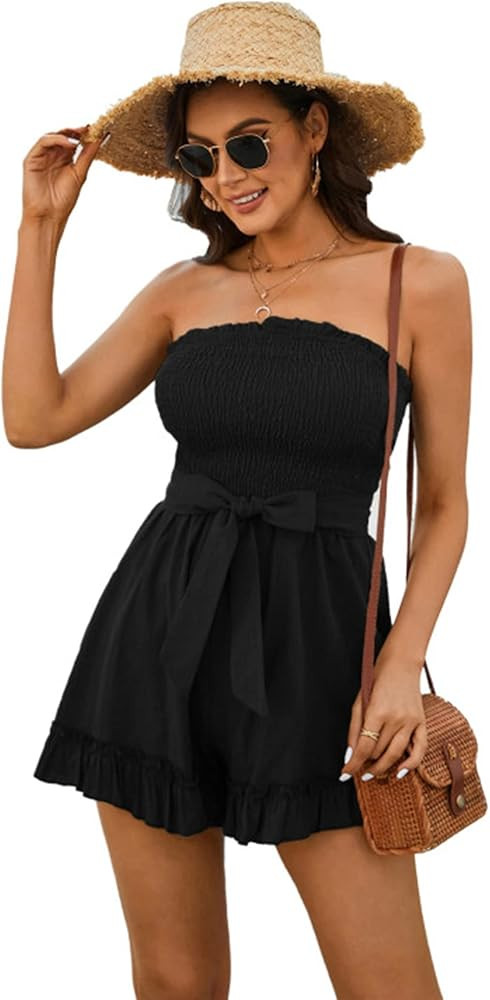 Zexxxy Women’s Summer Rompers Cotton Linen Smocked Short Jumpsuits Off Shoulder Ruffle Vacation... | Amazon (US)