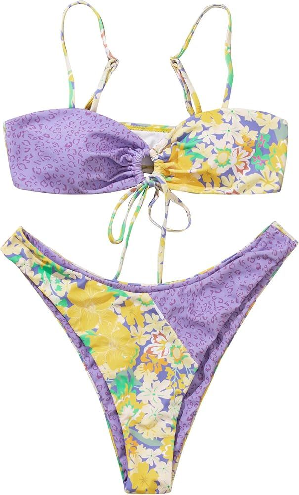 Romwe Women's Floral Print 2 Piece Swimsuit Knot Frint Cheeky High Cut Bikini Bathing Suit | Amazon (US)