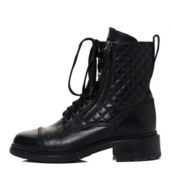 CHANEL Calfskin Quilted Lace Up Combat Boots 36 Black | Fashionphile