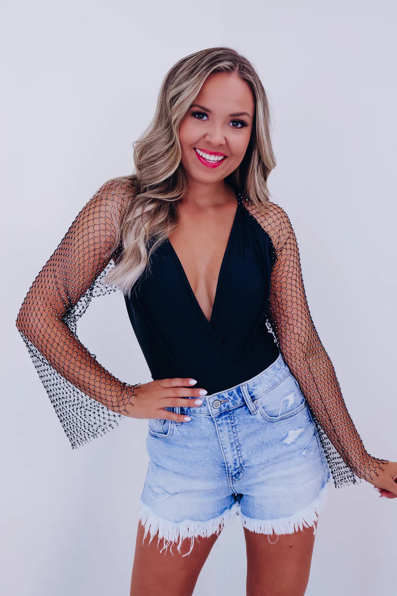 Riki Mesh Rhinestone Sleeve Bodysuit - Black | Whiskey Darling Boutique