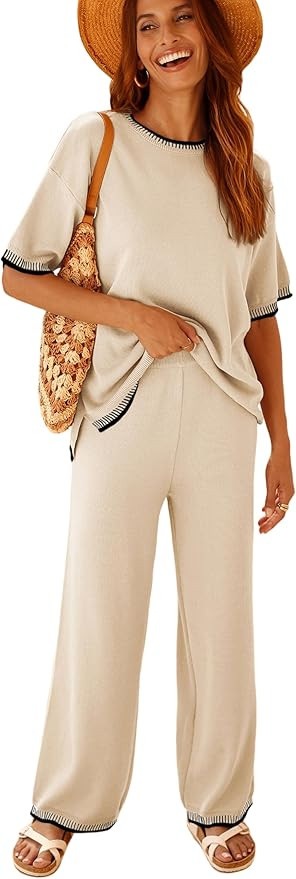 Tanming Womens Lounge Sets 2 Piece Outfits Short Sleeve Knitted Tops Wide Leg Pants Sweater Sets | Amazon (US)
