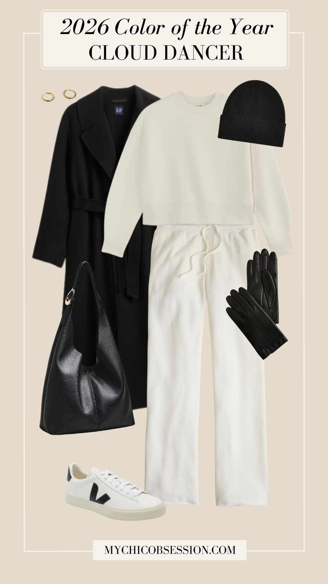 Style Pantone Color of the Year "Cloud Dancer" in a casual chic winter outfit. Pair an off-white crewneck sweatshirt with sweatpants and Veja sneakers. Then add contrast with a black wool coat, beanie, leather gloves, a slouchy tote bag and gold hoop earrings. 

 #LTKSeasonal