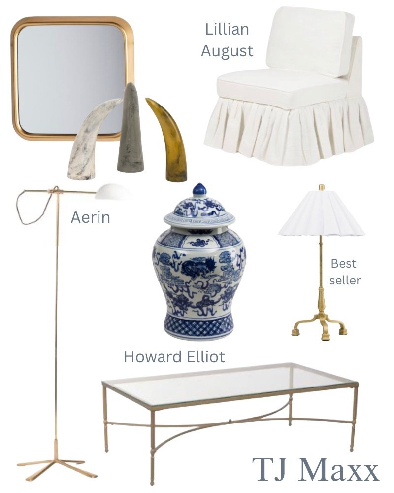 Designer home decor items at TJ Maxx, blue and white ginger jar, brass coffee table, Aerin floor lamp, Lillian August upholstered chair, table lamp, French, modern, coastal.

#LTKSaleAlert #LTKHome