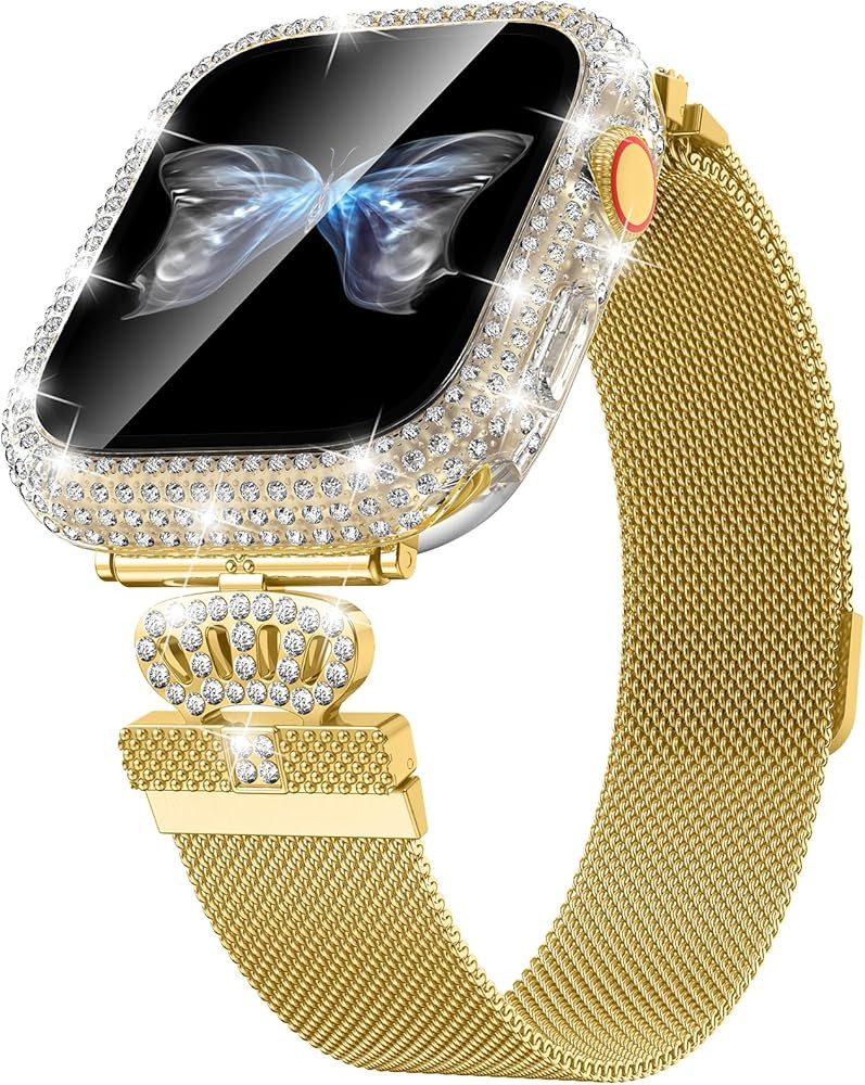 Goton Magnetic Band with Bling Case for Apple Watch Bands 40mm 41mm 44mm 45mm Women, Dressy Diamond Metal Loop iWatch Series 9 8 7 SE 2 6 5 4 Strap + Waterproof Screen Protector Rhinestone Cover | Amazon (US)