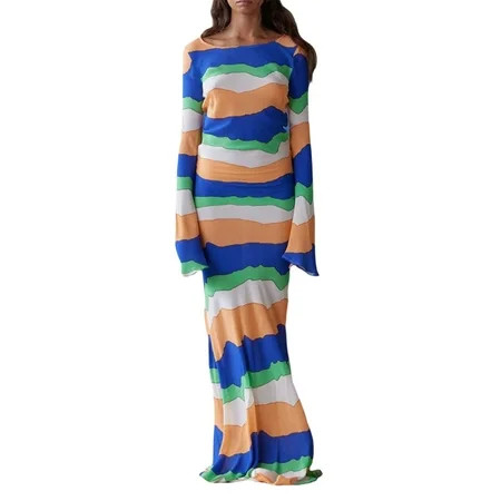 Women Long Bodycon Dress Stripe Round Neck Long Sleeve Dress | Walmart (US)