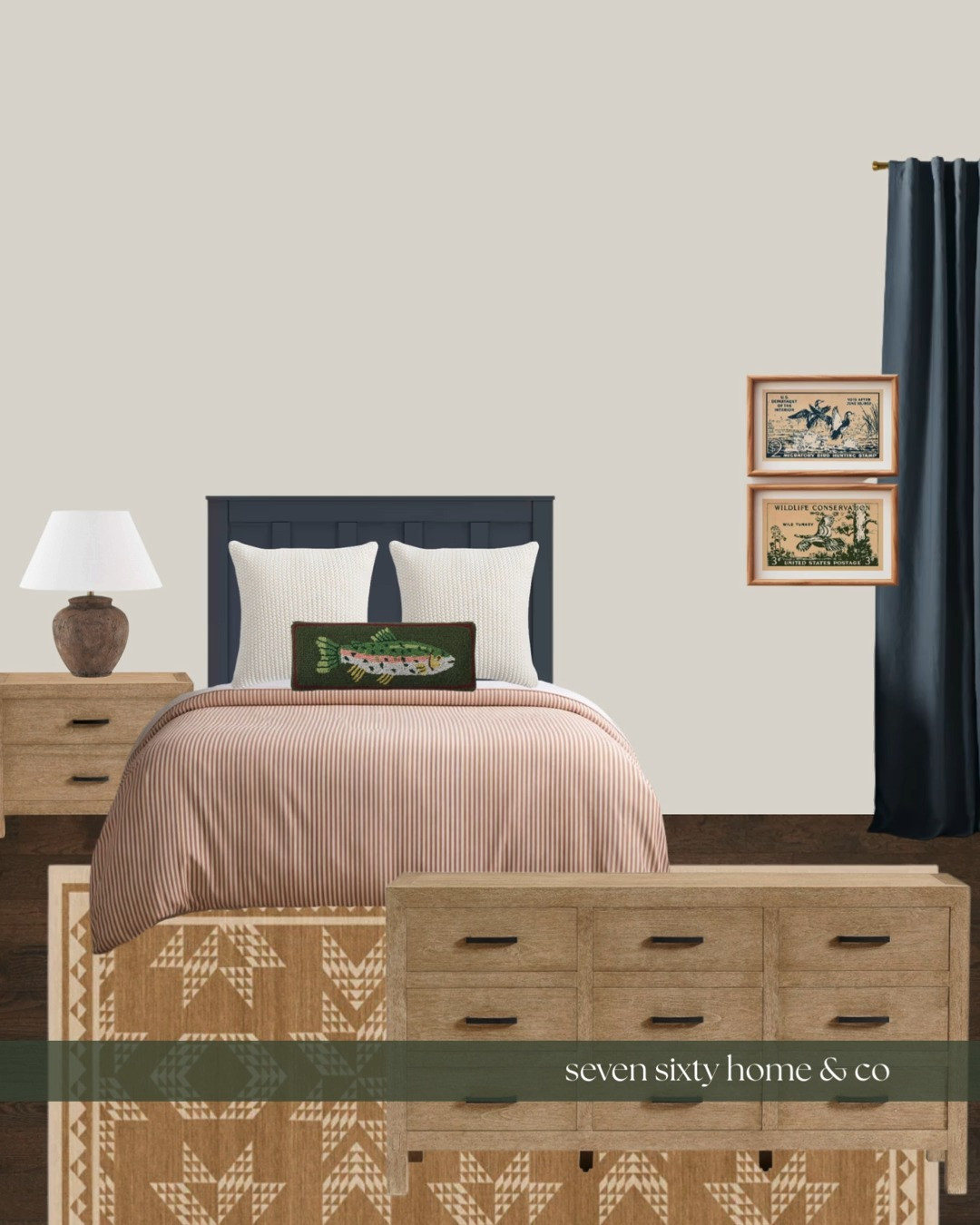 Heritage cottage kids bedroom with a timeless, layered feel.
This design pairs a classic wood bed and low dresser with soft striped bedding, a traditional patterned rug, and warm neutral tones to create a kids bedroom that feels cozy, grounded, and designed to grow. The deep navy headboard adds contrast without overpowering the space, while vintage inspired artwork and simple table lighting keep the room calm and collected.

Ideal for searches like heritage cottage kids bedroom, traditional kids bedroom decor, timeless children’s bedroom ideas, cottage style kids room, and neutral kids bedroom design. A space meant to feel familiar and comforting, not themed, with pieces that can evolve as your child does. 

 #LTKHome #LTKKids
