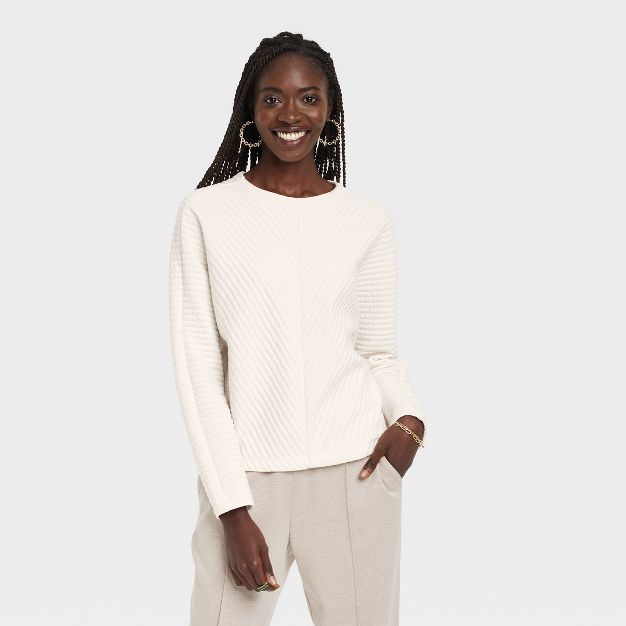 Women&#39;s Long Sleeve Boat Neck Ottoman Top - A New Day&#8482; Cream M | Target