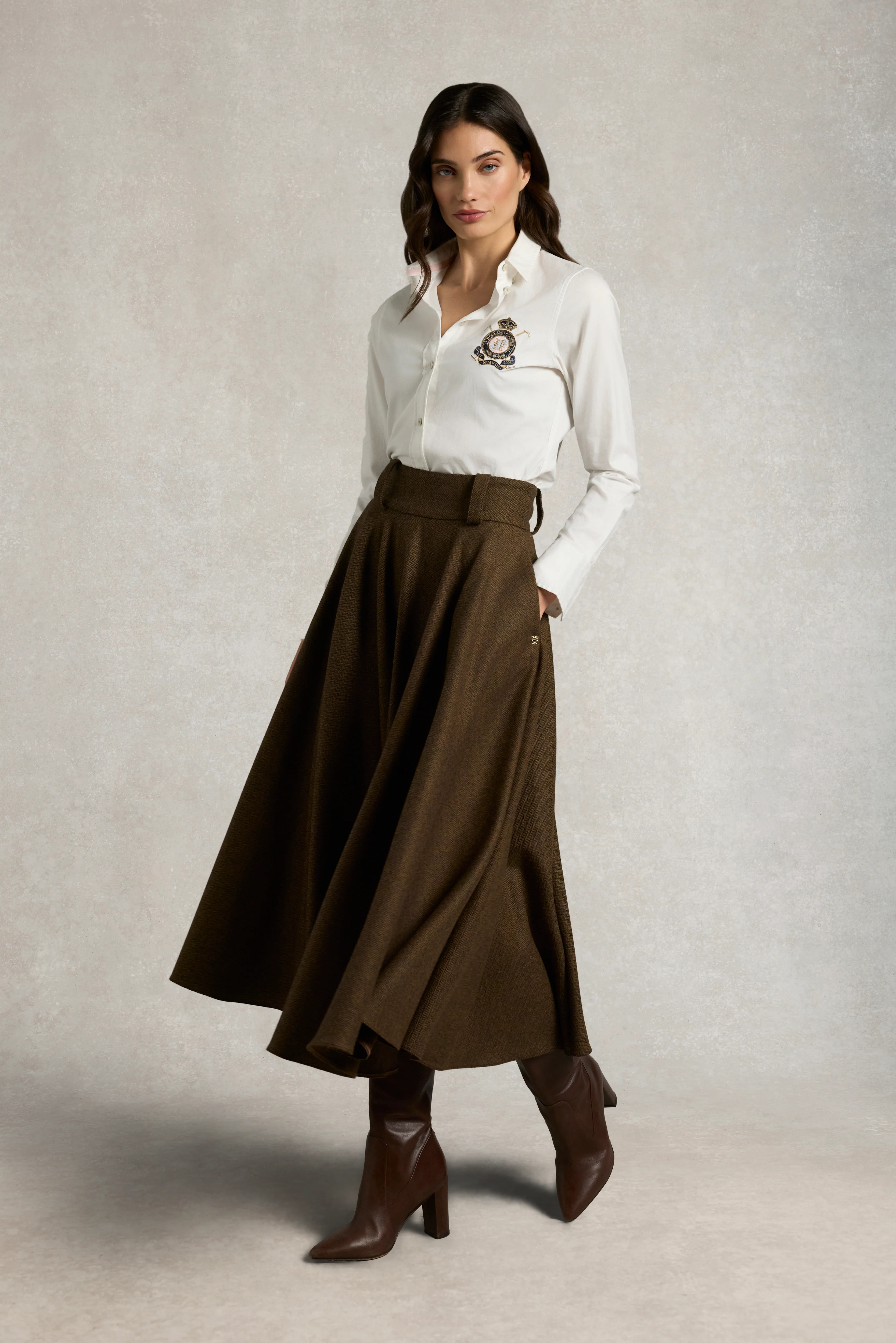 360 Maxi Tweed Circle Skirt (Tobacco Herringbone) | Holland Cooper