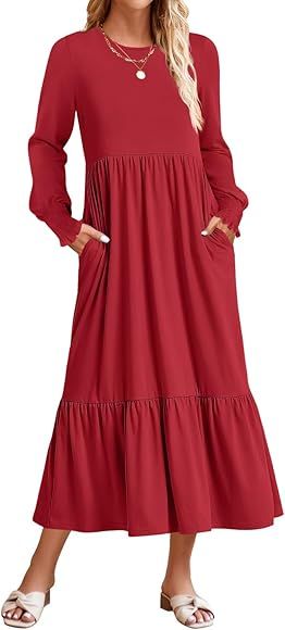 ZESICA Women's 2023 Fall Long Sleeve Dress Crewneck Casual Loose Pleated Tiered Swing Maxi Dresses w | Amazon (US)