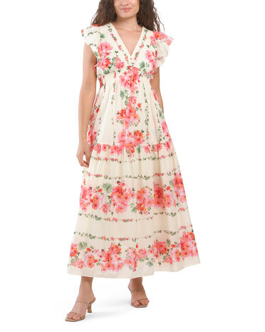 Floral Border Print Flutter Sleeve Maxi Dress | TJ Maxx