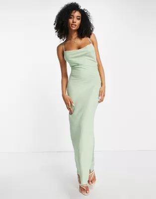 ASOS DESIGN Bridesmaid lace-up back maxi slip dress in sage green | ASOS (Global)