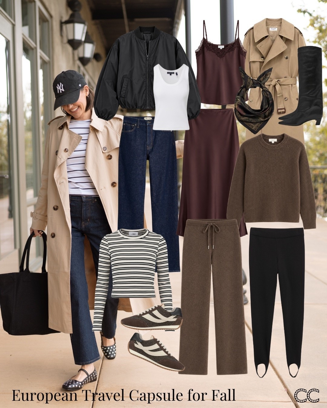 1. Dark Denim
2. Slim Black Pants
3. Slip Sirt & Matching Camisole Top
4. Luxe Lounge Set
5. Fitted White Tank Top
6. Striped Tee
7. Bomber Jacket
8. Trench Coat

More travel capsules on closetchoreography.com