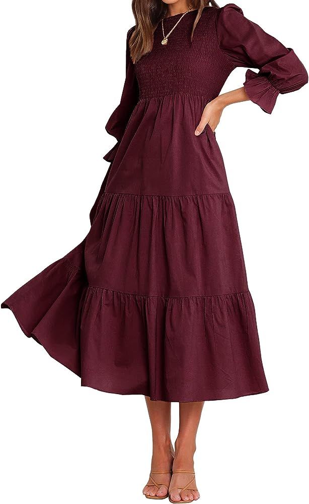 BTFBM Women Casual Long Sleeve Crew Neck Fall Dress Bohemian Relaxed Fit Floral Flowy Maxi Dresse... | Amazon (US)
