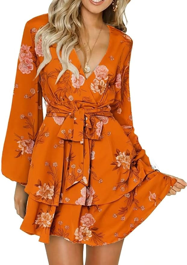 Dokotoo Womens 2024 Summer Spring V Neck Ruffle Chiffon Elegant Tie Knot Mini Short Swing Skater ... | Amazon (US)