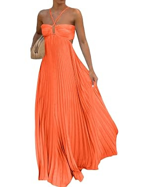 Halter Dresses for Women Cross V Neck Cut Out Maxi Dress Summer Backless A-Line Pleated Halter Lo... | Amazon (US)