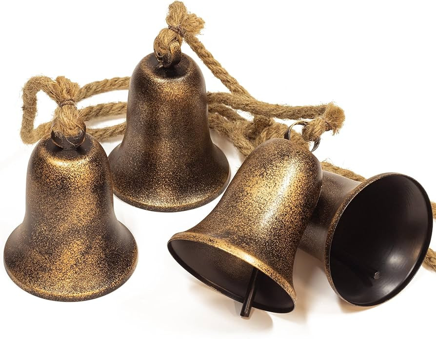 KI Store Triangular Christmas Bell Cluster 4pcs Hanging Metal Cow Bells on Jute Rope for Wreath G... | Amazon (US)
