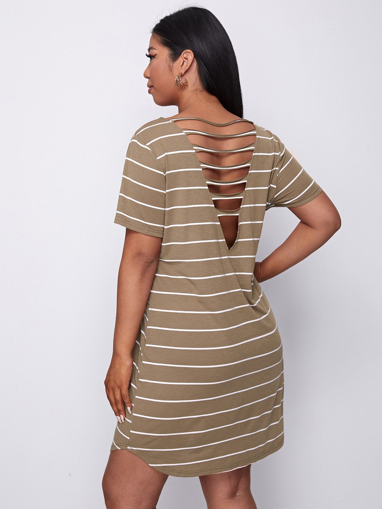 NEWSHEIN Plus V-neck Laddering Cutout Back Striped Dress | SHEIN