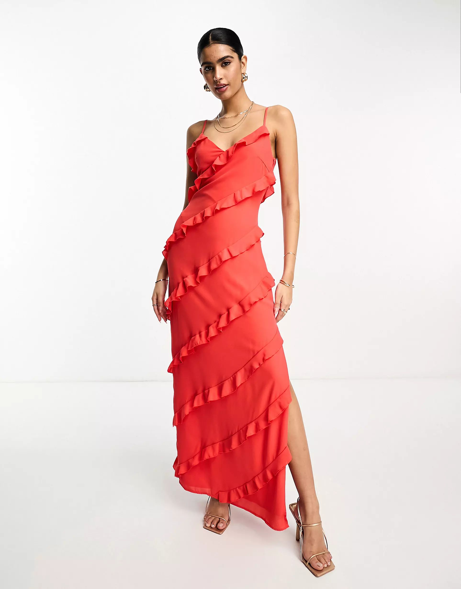 Pretty Lavish asymmetric ruffle maxi dress in ruby red | ASOS (Global)