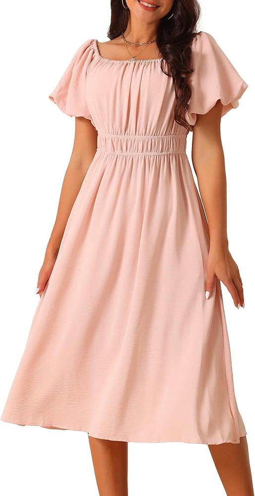 Seta T Women's Summer Dresses Casual Flowy Square Neck Puff Short Sleeve Elastic Waist Beach Midi... | Amazon (US)