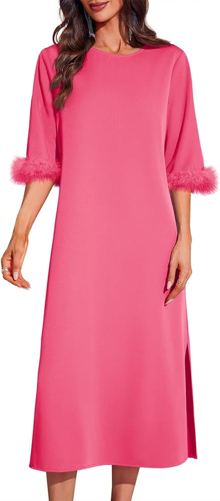 Wenrine Womens Cocktail Dress Feather Half Sleeve Maxi Dress Crewneck Loose Split Party Dress | Amazon (US)