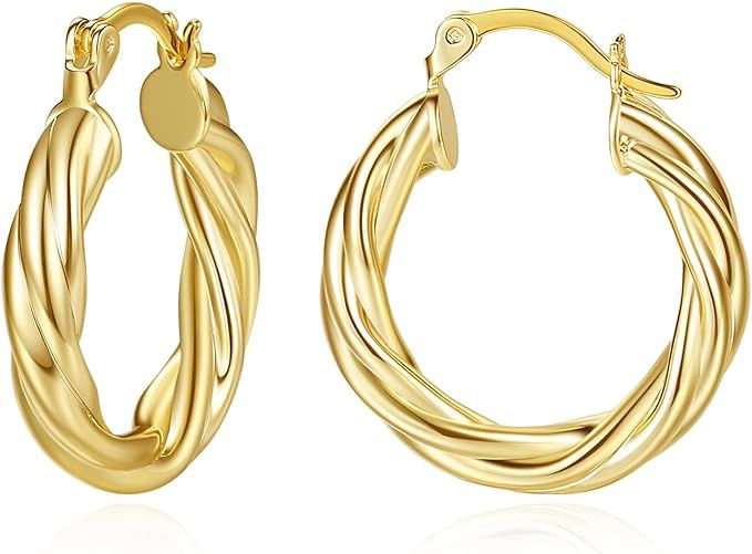 14k Gold Twisted Hoop Earrings for Women - High Polished Chunky Gold Hoop, Lightweight Hoops for ... | Amazon (US)