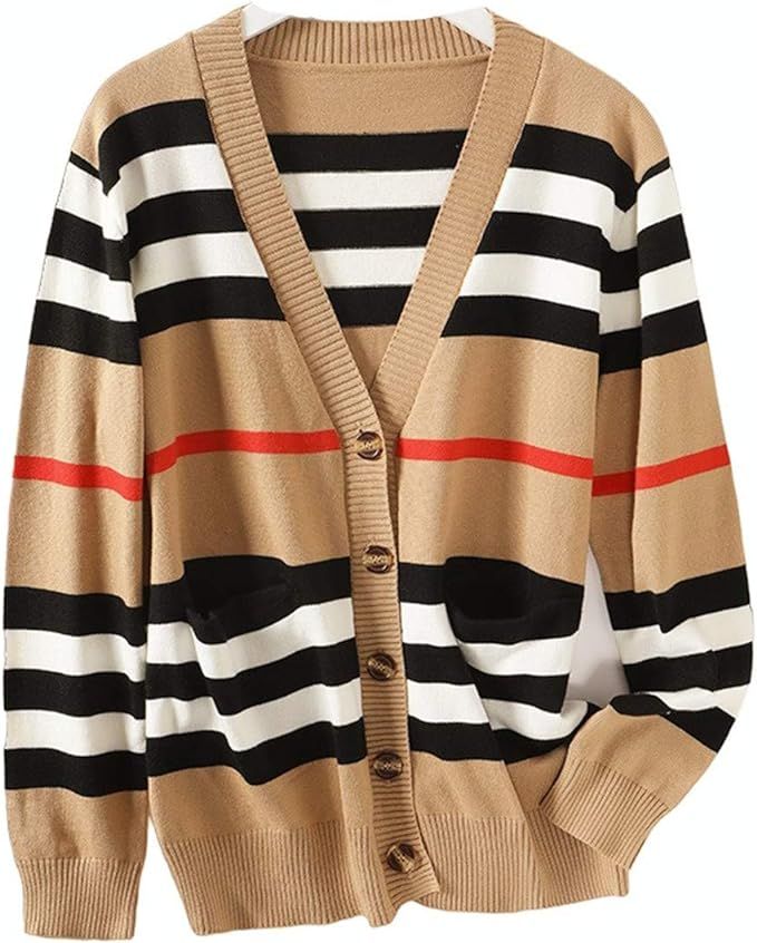 Womens Long Sleeve Casual Black White Striped Cardigan Knit Button Front Sweater Coat | Amazon (US)