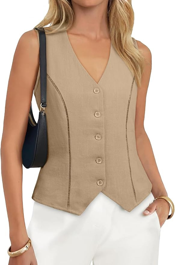 BLENCOT Linen Vest Tops for Women Slim Fitted Sleeveless Button Down Work Blazer Waistcoat Going ... | Amazon (US)