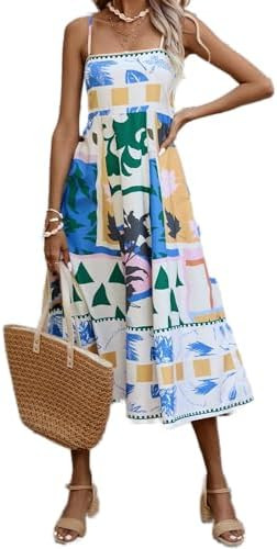 Spaghetti Strap Graffiti Maxi Cami Dress for Women Boho Print Tube Smocked High Waist Flowy Long ... | Amazon (US)