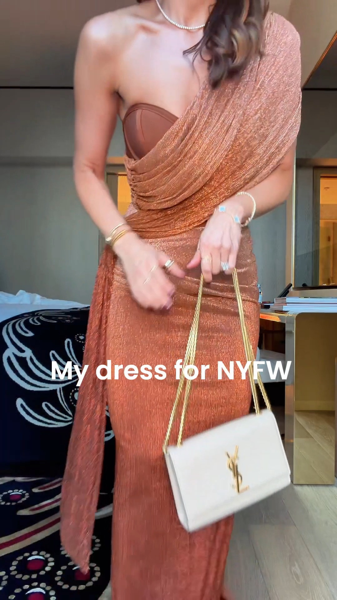 My dress for NYFW! Would be gorgeous for a wedding or fancy event. Wearing XS + comes in 3 colors. Fall wedding guest. Winter wedding guest. Formal dress. Black-tie optional dress. Gold heels are TTS. Party dress. Party outfit.

#LTKgrwm #LTKNYFW #LTKWedding