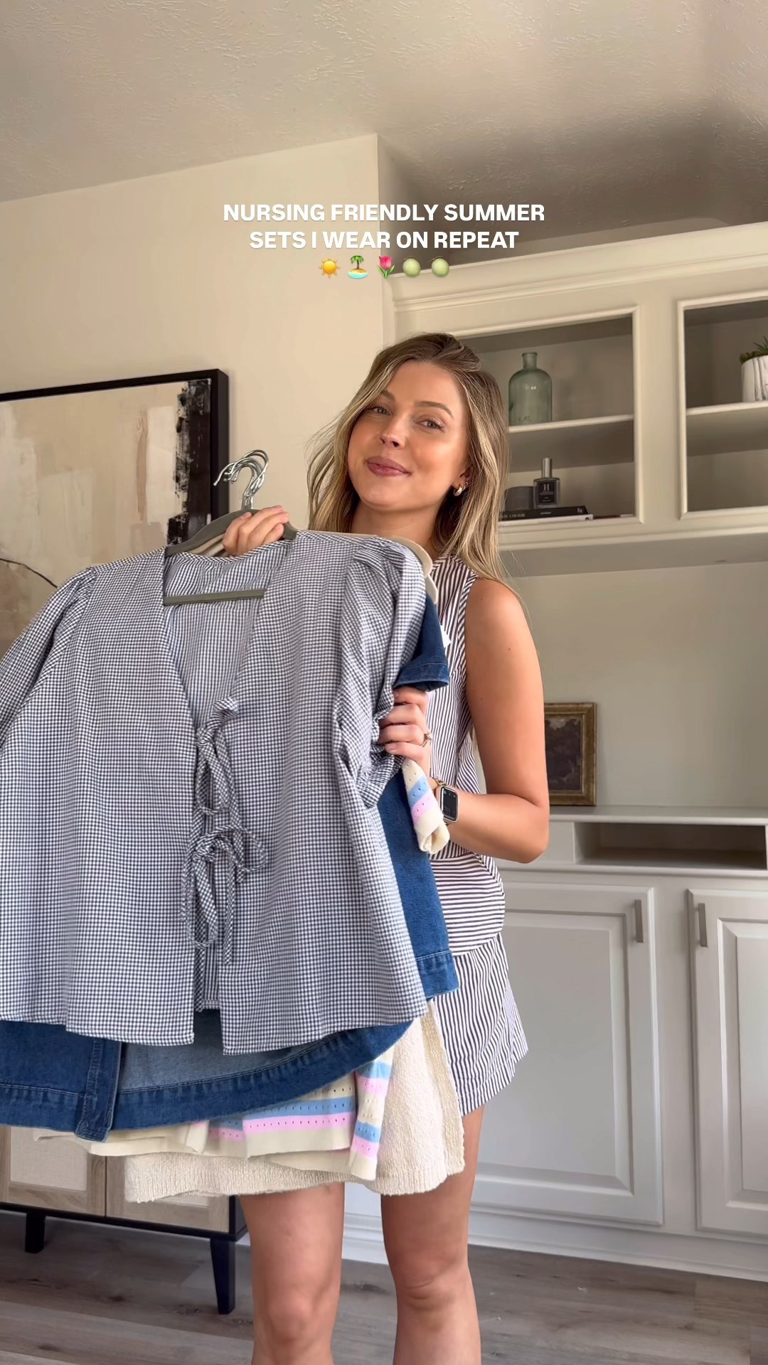 Nursing friendly two piece sets for summer!! I wear size S in the stripe linen set, short set with side slit, M in the denim set, gingham bow set, crochet stripe set, and pants set with side slit. They’re all stretchy and postpartum friendly as well!! 

#LTKBump #LTKStyleTip #LTKBaby