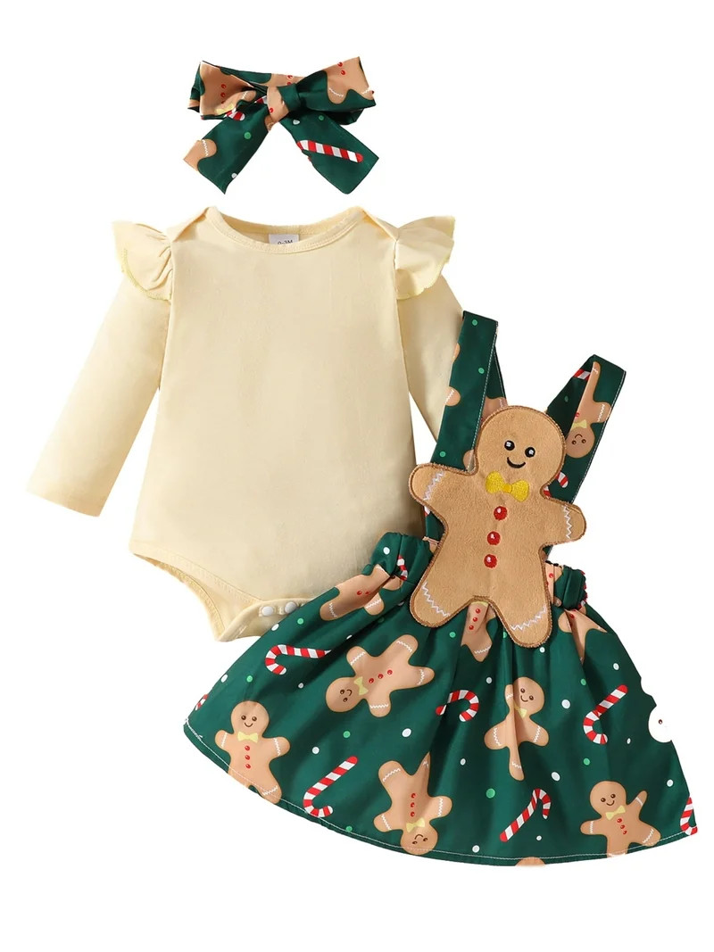 Newborn Baby Girl Christmas Outfits Ruffle Long Sleeve Romper Gingerbread Man Suspender Dress 3 6... | Walmart (US)