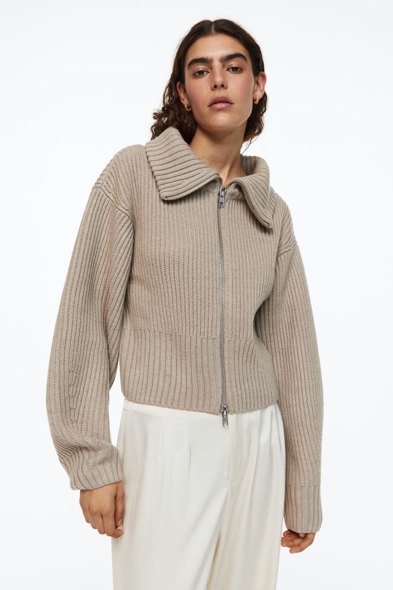 Wool-blend Cardigan with Zipper - Beige - Ladies | H&M US | H&M (US)