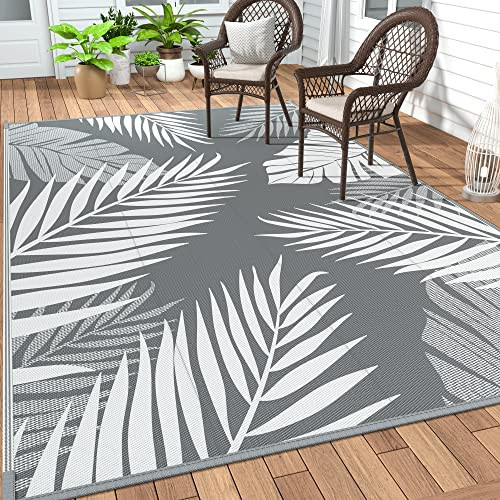 GENIMO Outdoor Rug 5' x 8' Waterproof for Patios Clearance, Reversible Plastic Straw Camping Carpet, Large Area Rugs Mats for RV, Picnic, Backyard, Deck, Balcony, Porch, Beach, Grey&White | Amazon (US)