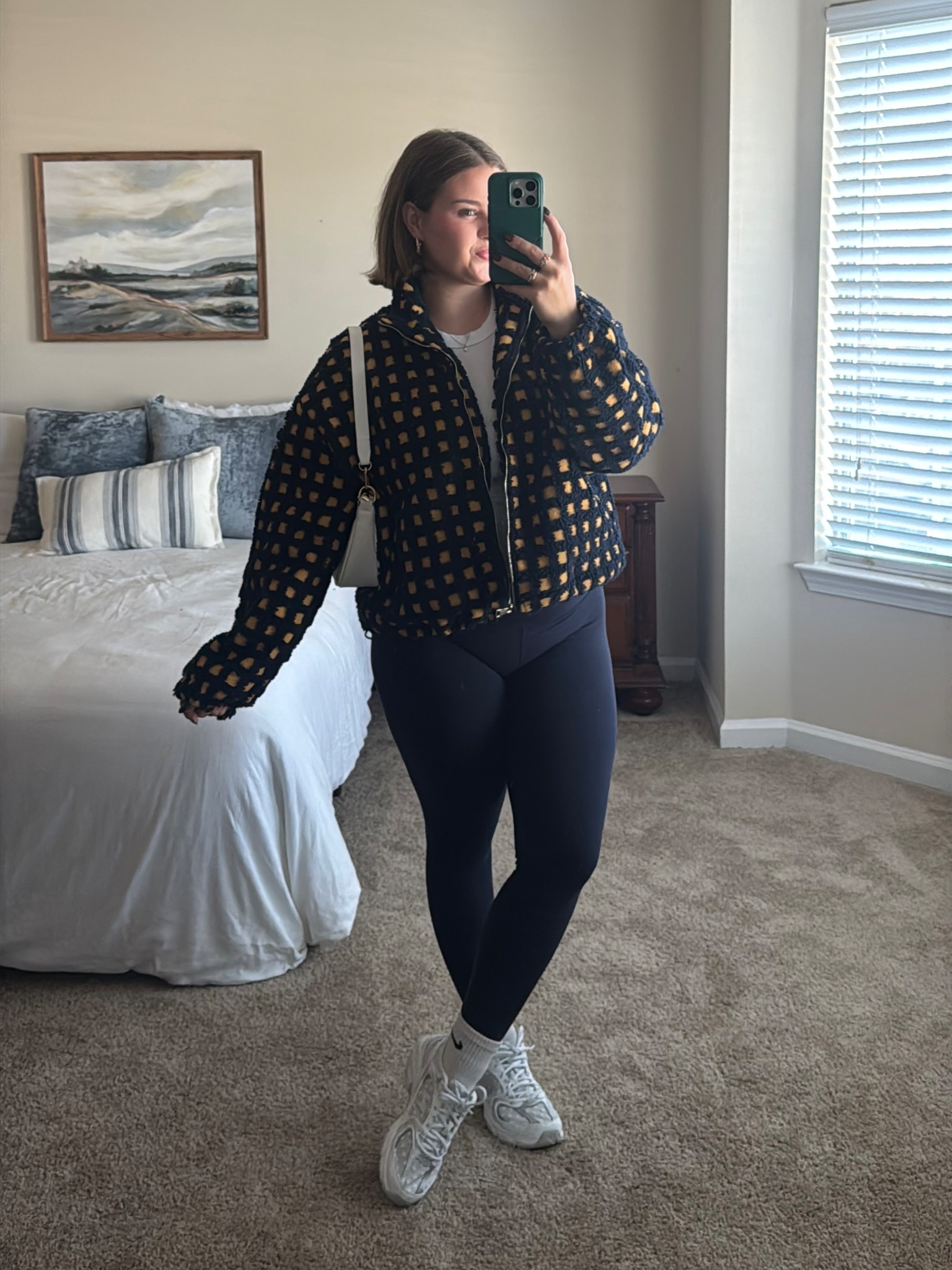 Cozy fall outfit idea, comfy fall outfit inspo, amazon checkered jacket, navy & yellow outfit, old navy basic white tee tshirt, new balance 530 polka dot tennishoes, amazon Athleisure, crz yoga leggings, amazon purse shoulder bag

#LTKSaleAlert #LTKU #LTKPetite