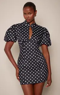 Black Polka Dot Woven Puff Sleeve Keyhole Mini Dress | PrettyLittleThing UK