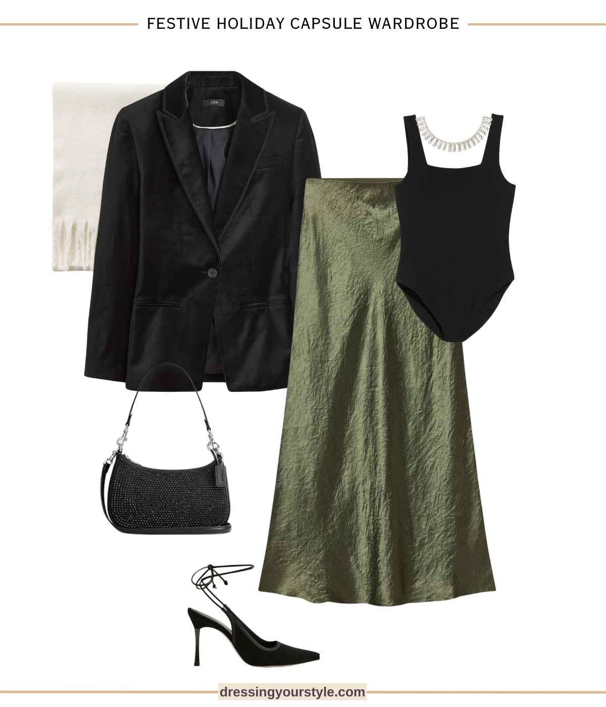 Olive green and black festive holiday outfit, party outfit, office party outfit, family Christmas outfit with a silky slip skirt and velvet jacket  

#LTKParties #LTKSeasonal #LTKHoliday