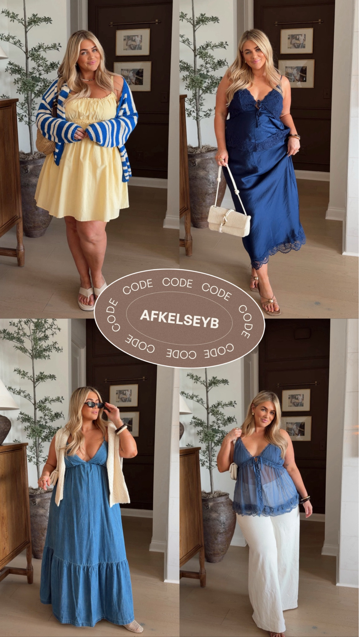 @abercrombie sale plus my code ‘AFKELSEYB’ is live 

Yellow dress- large
Stripe cardigan- XL
Silk blue top- large 
Silk skirt- XL
Denim dress- large
Blue sheer top- large 
White jeans- 33 long

#LTKootd #LTKSaleAlert #LTKMidsize