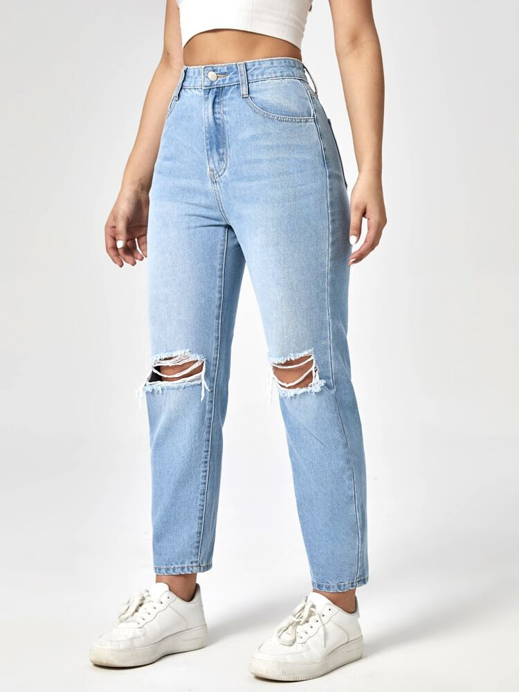 High Waist Ripped Mom Jeans | SHEIN
