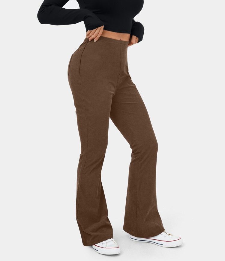Women's Mid Rise Side Zipper Back Pocket Flare Casual Corduroy Pants - HALARA | HALARA