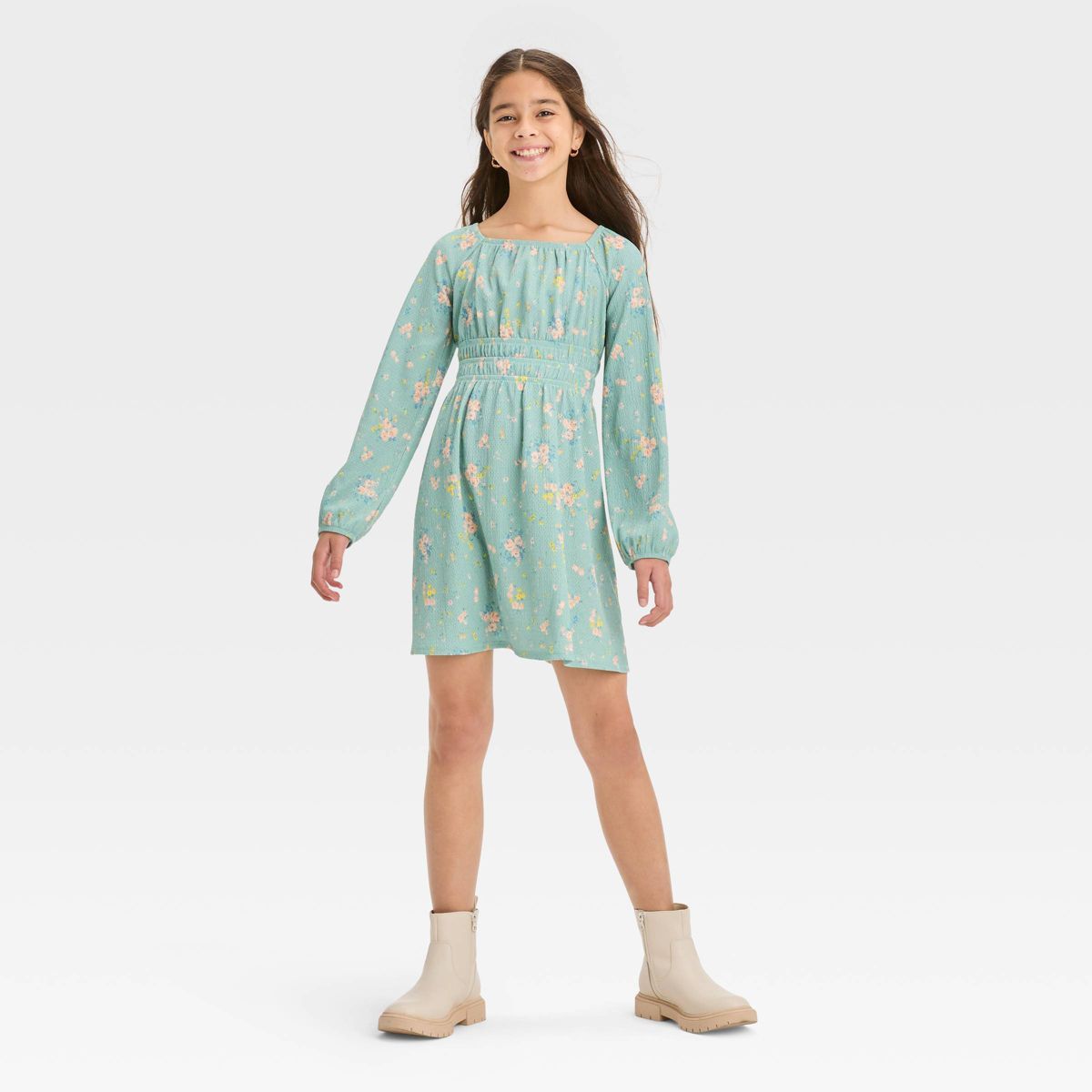 Girls' Long Sleeve Textured Ruched Dress - art class™ | Target