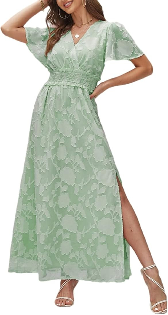 Sissyaki Women's Boho V Neck Smocked Bridesmaid Dress Semi Formal Wedding Guest Midi Dress | Amazon (US)