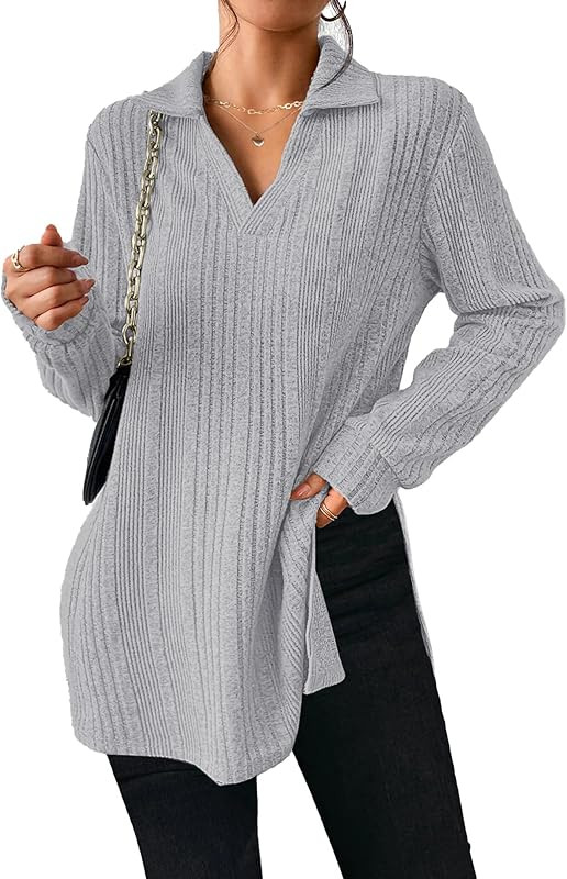 AGSEEM Long Sleeve Shirts for Women 2023 Fall Lapel Collar V Neck Tunic Tops Side Slit | Amazon (US)